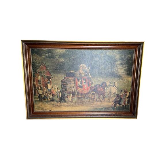 Vintage 1950s Perry’s The Pemigewasset Coach 1899 Painted Print 28" x 41" x 2" - Picture 3 of 9